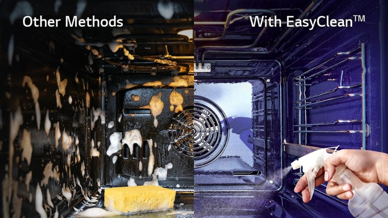 Left oven interior shows soap buildup, right side clean with EasyClean spray, highlighting product efficiency.